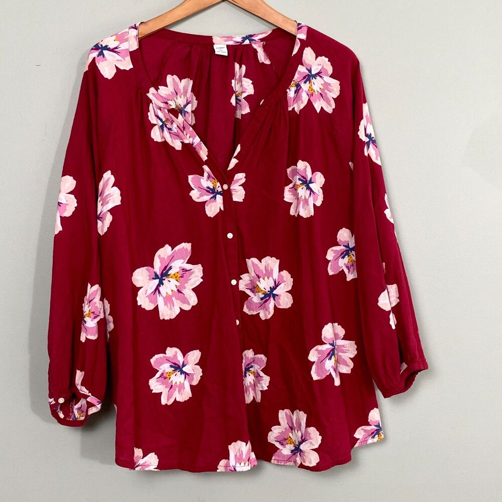 Old Navy Floral Top Blouse Womens XXL Red Cotton Button Up Long Sleeve Cottage